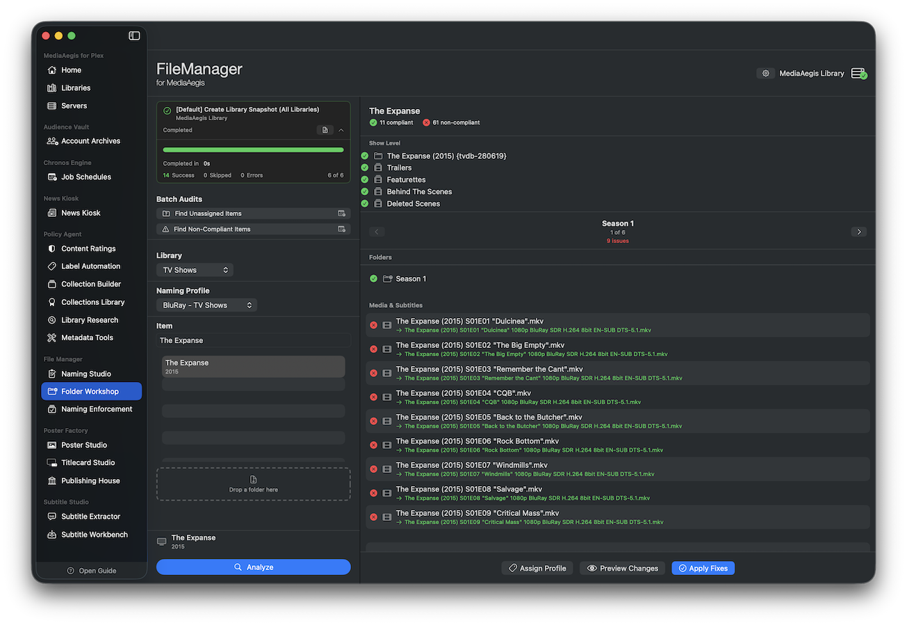 Folder Workshop with compliance results and rename preview